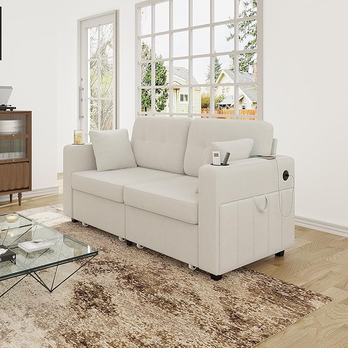 67 Small Loveseat Couch with Storage USB Charging and Cup Holder Space Saving Furniture Modern Chenille Love Seat Sofa Small Couches for Small Spaces Bedroom Apartment Beige