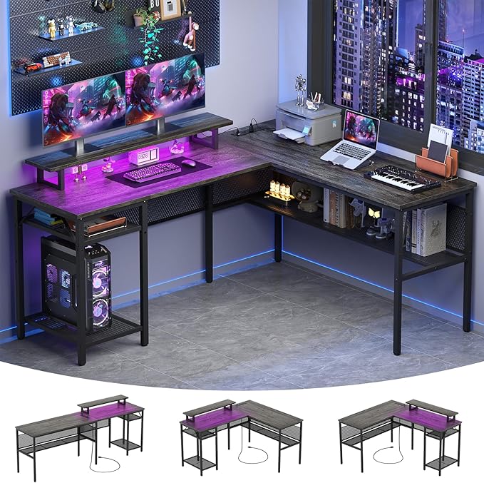 Cyclysio Reversible L Shaped Computer Desk with LED Lights &amp Power Outlets Office Corner Desk with Shelves &amp Monitor Stand Home Office Desk Gaming Table with Unique Grid Design (Grey Oak)