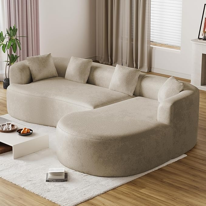 Oversized Sectional Sofa with Right Chaise for Living Room 111 Modern Curved L Shape Cloud Couch with Extra Deep Seat Modern Luxury Chenille 4 Seater No Assembly Required Light Brown