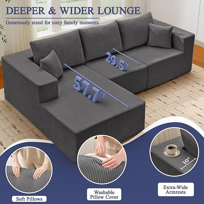 Modular Sectional Sofa for Living Room 108 Cloud Couch Sectional with L-Shape Chaise Modern Upholstered Corduroy Boneless Couch with Memory Foam Deep Seat No Assembly Required (Grey)
