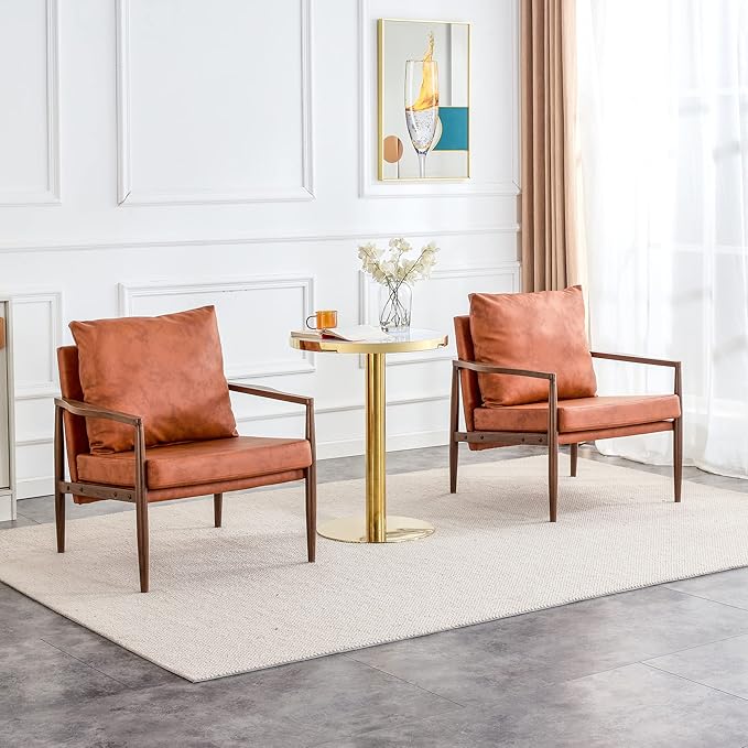 PU Leather Accent Arm Chair Mid Century Modern Upholstered Armchair with Imitation Solid Wood Walnut Color Metal Frame Extra Thick Padded Backrest and Seat Cushion Sofa Chairs for Living Room