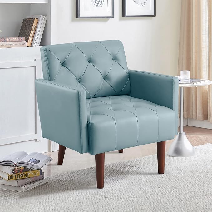 Leather Accent Chair Mid Century Modern PU Leather High Back Armchair for Living Room Chairs with Solid Wood Legs for Small Spaces Bedroom Office (Blue 29.1 x 25.6 x 31.1)