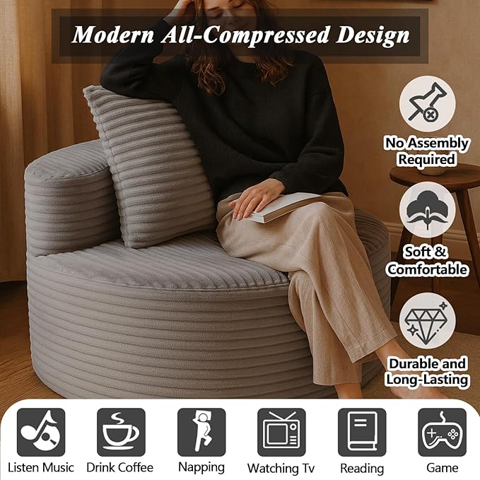 45 Oversized Round Chair Boneless Reading Chair with Comfy Pillow for Living Room Circle Cloud Chair for AdultsCorduroy Memory Foam Large Seat No Assembly Required (Grey)