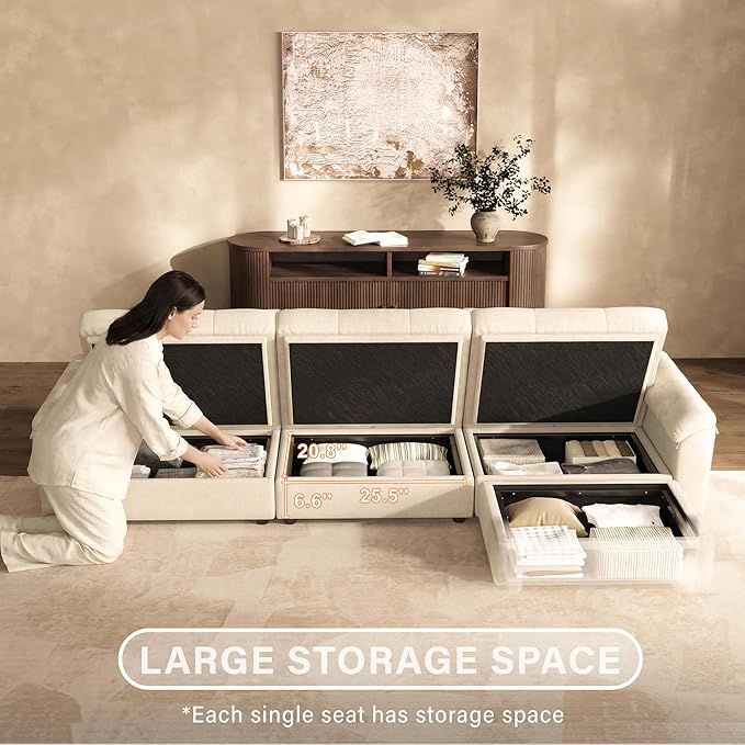 Oversized Modular Sectional Sofa with Adjustable Back Modern Comfy Sectional Couch with Storage Ottoman Deep Seat Chenille Cloud Couch for Living Room 3 Seater with Ottoman Beige