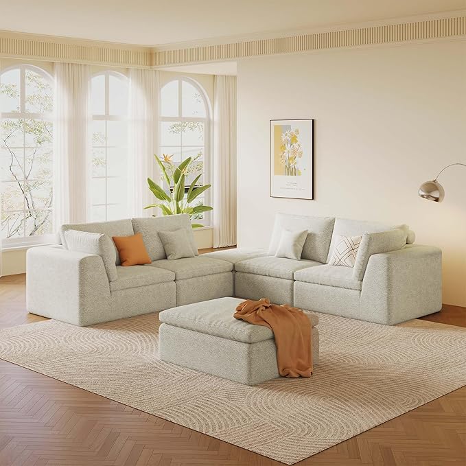 39.4 Oversized Ottoman Foot Rest for Sectional Couch Movable Cloud Rectangle Ottoman with Memory Foam and Soft Teddy Fleece Modular Pouf No Assembly Required Non-Slip Bottom (Beige)