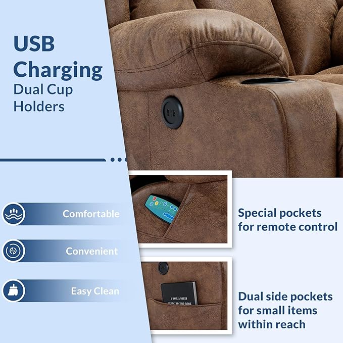 Manual Swivel Glider Rocker Recliner Chair with Heated Massage 360° Swivel Overstuffed Reclining Chair with 2 Cup Holders Side Pockets &amp USB Ports for Living Room Brown