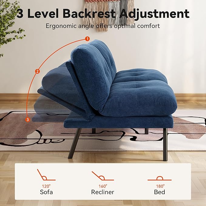 71 Convertible Futon Sofa Bed Blue Futon Couch with Adjustable Backrest Folding Small Recliner Sleeper Sofa Bed for Living Room Apartment Office