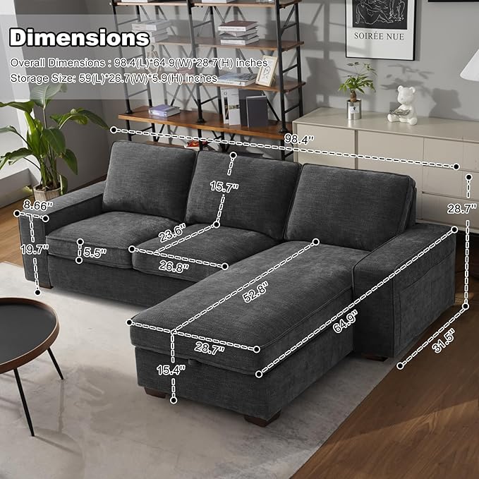 COOSLEEP 99” L-Shape Convertible Sectional Couches Sofas with 190L Storage Chaise Chenilee Sofas with Removable Cushion and Detachable CoverUSB Charging for Living Room(Dark Grey)