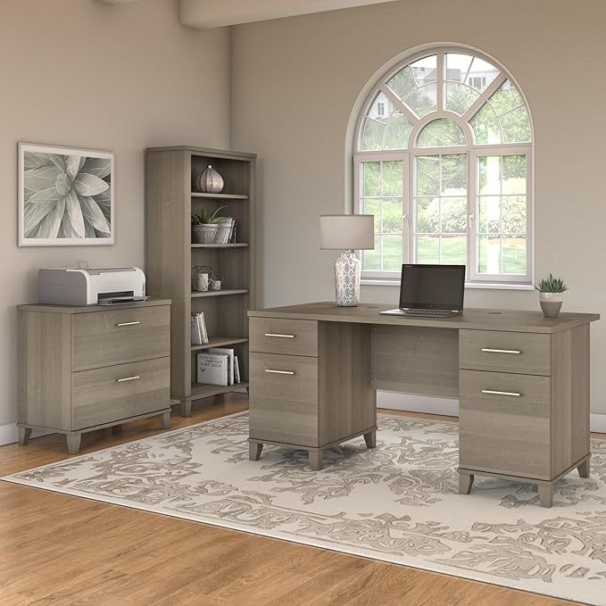 Bush Home 60-inch Home Office Desk with Drawers Large Computer Table with Storage Transitional Style Somerset Collection Ash Gray
