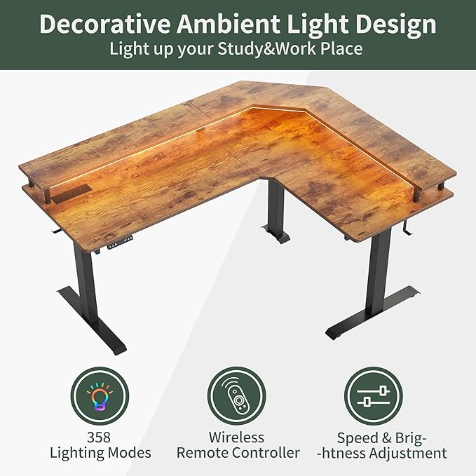 FEZIBO 63 Triple Motor L Shaped Standing Desk with LED Strip &amp Power Outlets Height Adjustable Stand up Corner Gaming Desk with Ergonomic Monitor Stand Rustic Brown Top/Black Frame