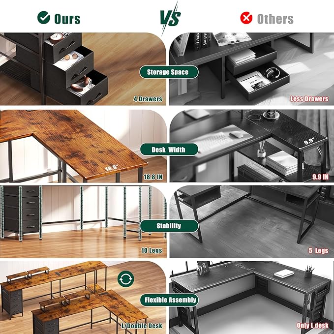66 L Shaped Computer Desk with Power Outlets Home Office Desk with 4 Adjustable Storage Drawers &amp 2 Monitor Stands Large Two Person Gaming Table for Writing Study Rustic Brown