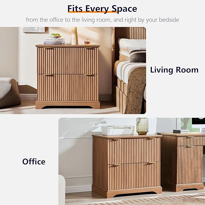 JXQTLINGMU 2 Drawer File Cabinet with Charging Station 30 Fluted Lateral File Cabinet w/Files Hanging Rod for Letter/Legal/A4 Large Tabletop for Printer Office Wood Printer Cabinets Dark Grain