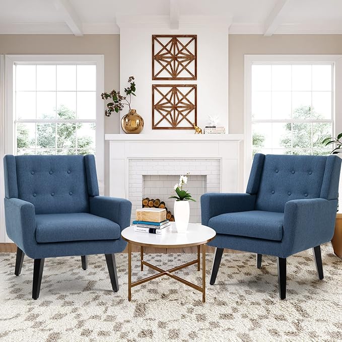 AVAWING Set of 2 Morden Accent Chair Mid-Century Modern Upholstered Sofa Chair with Rubber Wood Legs Comfy Linen Fabric Armchair for Living Room Bedroom Office (Blue)