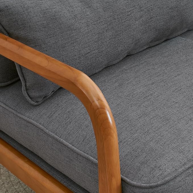 Mid Century Modern Accent Chairs Single Linen Lounge Reading Armchair with Solid Wood Frame Easy Assembly Arm Chairs for Living Room-Grey