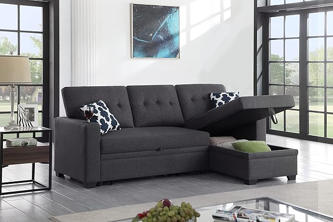 Ball &amp Cast L-Shape Reversible Sectional Sleeper Sofa Bed 4 in 1 Pull Out Couch with Storage Chaise Cupholder Armrests &amp Removable Back Cushions Convertible Sleeper Corner Couch for Living Roo