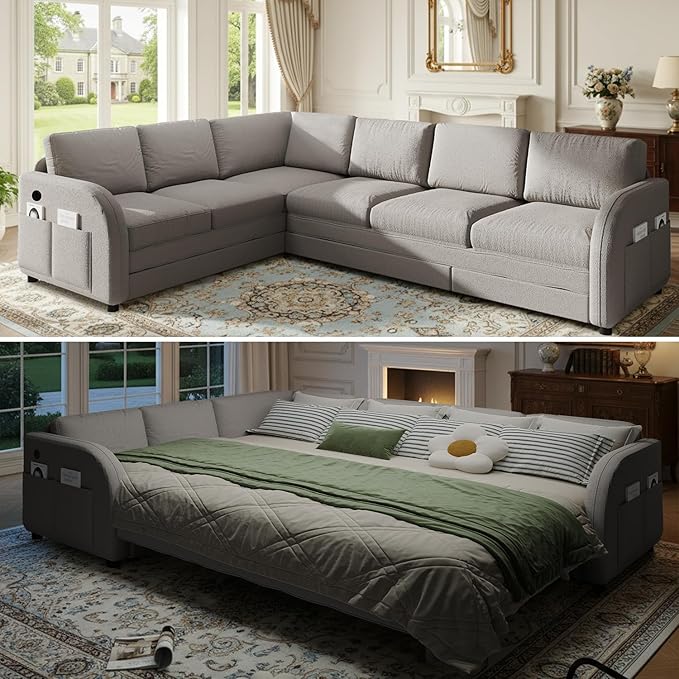 115.2 L Shaped Couch Bed Sectional Couches for Living Room Teddy Fabric Sleeper Sofa Bed with Pull Out Couch Convertible Sectional Couch with Charging Station &amp Side Pocket Light Grey