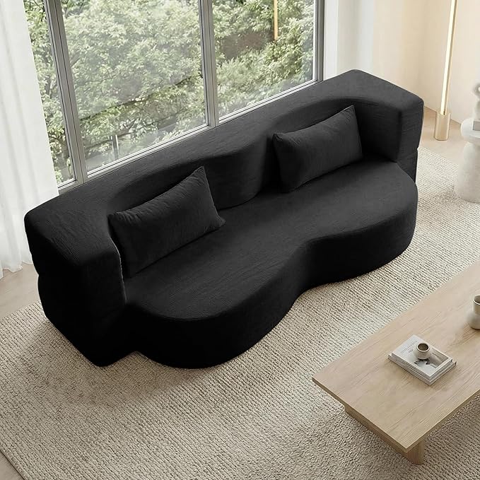Modern Convertible Sleeper Sofa BedCompact Couch Loveseat Sofa Curved Seating Floor Couch Comfy Teddy Fabric SofaSoft Cloud Couch with Pillows for Apartment Living Room Bedroom (Black)