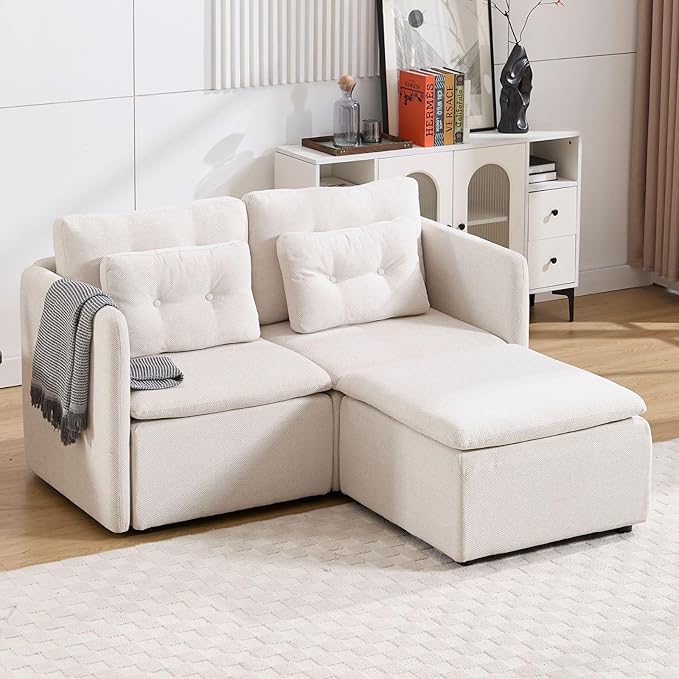 LukeAlon Chenille 56.5 Loveseat Sofa with Waist Pillow Modular Sectional Sofa Couch with Ottoman Comfy Upholstered 2 Seater Lounge Sleeper Couch Sofa for Living Room Apartment Office Beige