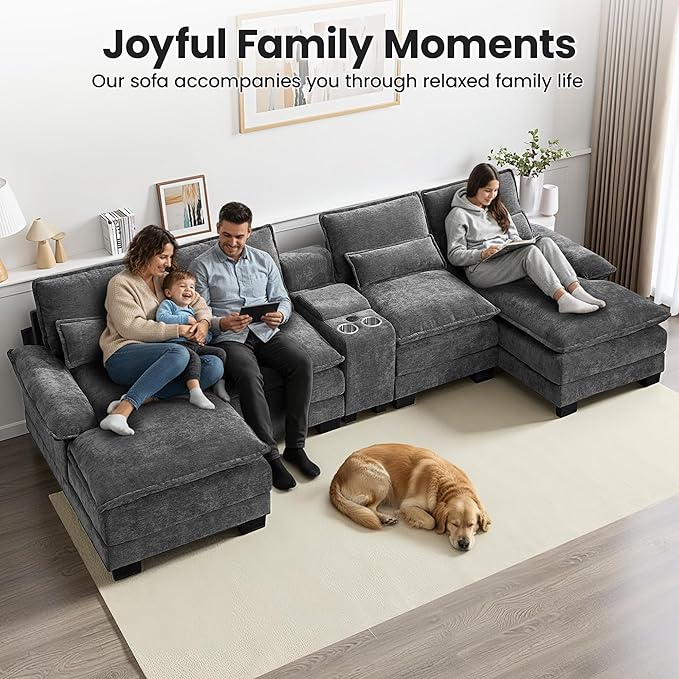 125 U Shaped Cloud Modular Sectional Couch for Living Room Small Comfy Chenille Sofa with Double Chaise Lounge Storage Central Console Cup Holders USB PortGrey