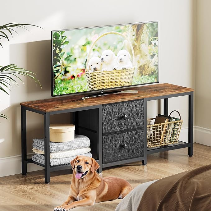 TV Stand for TVs up to 55 Entertainment Center with 2 Fabric Drawer Media Console with Shelves Television Stands for Living Room Bedroom Rustic Brown and Black DS02BR