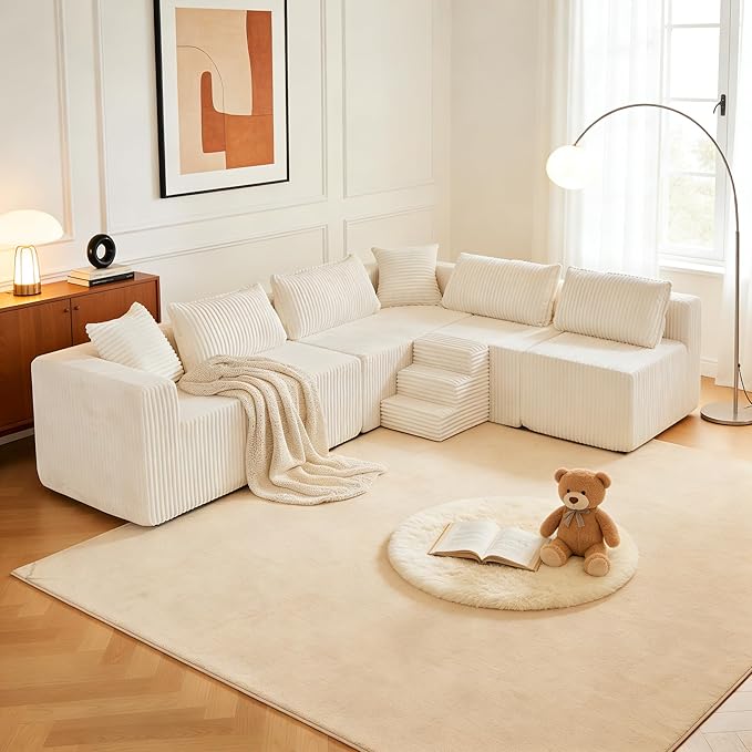 128 U-Shaped Modular Sofa Modern Cloud Couch with Double Chaise Sectional Boneless Couch with Pillows Deep Seat Sofa for Living Room Bedroom No Assembly Required Khaki