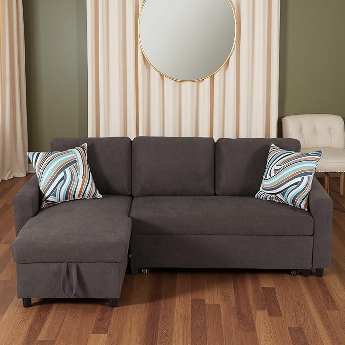 Sleeper Sofa Couch 2 in 1 Pull Out Couch Bed with Storage Chaise L Shaped Sectional Sleeper Sofas Bed Convertible Pullout Sofa for Living Room Apartment Dark Brown