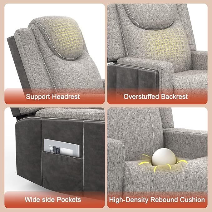 Oversize Manual Recliner Chair for Adults Extra Wide Single Reclining Sofa Chair with Ergonomic FSC Certified Grey Linen-Blend &amp Chocolate Leather Scandinavian Chic for Living Room RV