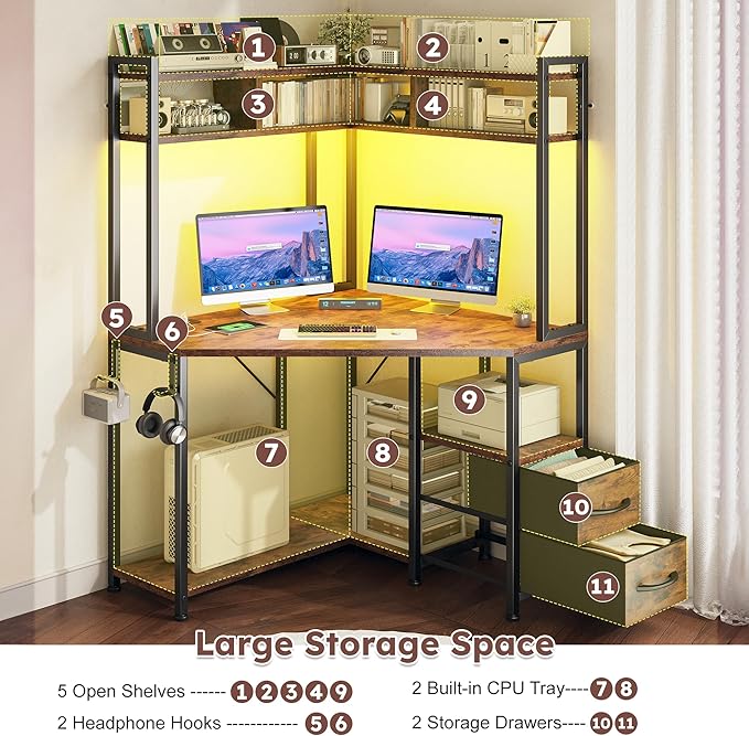 Corner Desk 35.4 W x 63 H Office Desk and Small Gaming Desk with Hutch &amp LED Lights Computer Desk with Drawers for Storage &amp Shelves and Hook for Small Space Rustic Brown