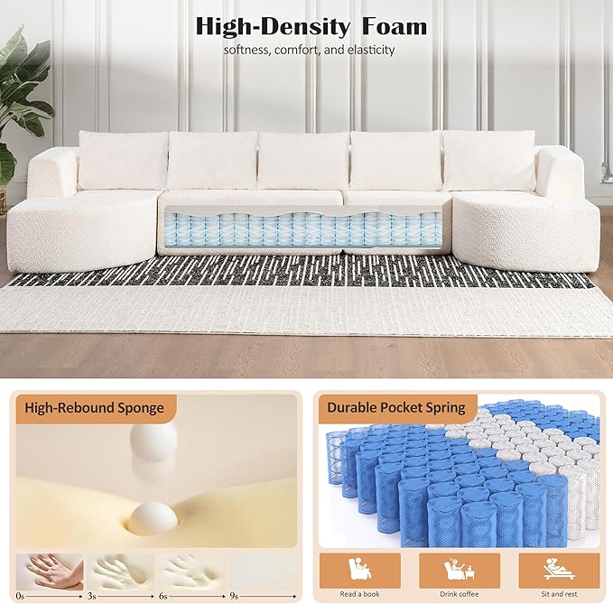 144 Sectional Couches for Living Room Comfy U-Shaped Cloud Couch with Chaise Lounge Modern Deep Seat Boneless Sofa No Assembly Required (Boucle White)