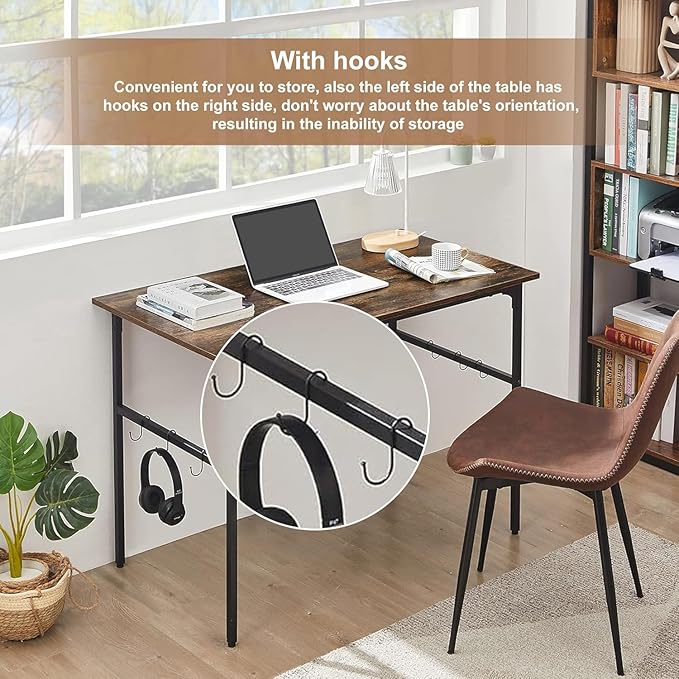 VECELO Computer Desk Water Proof Writing Desk with 4 Hooks Work Desk with Adjustable Feet Computer Desk for Small Space/Home Office/Dormitory 43 InchRusic Brown