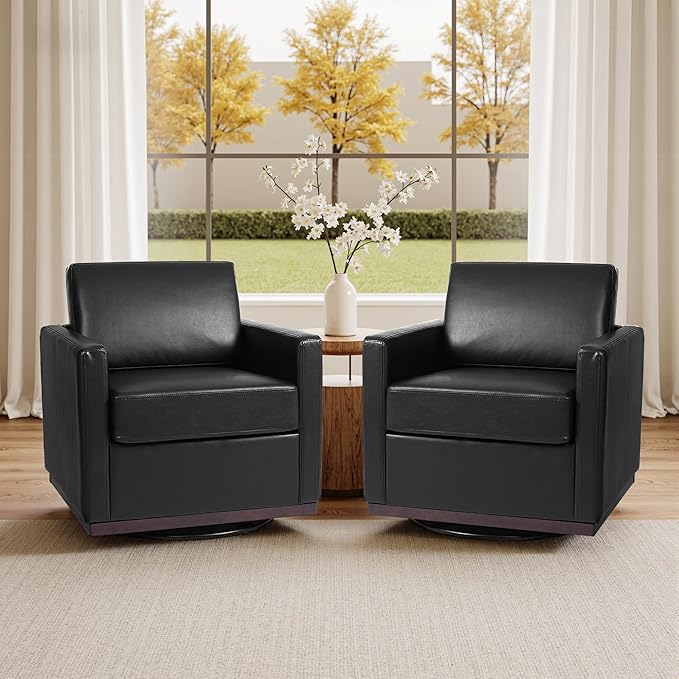 Swivel Barrel Accent Chair Mid Century Modern Arm Chair for Living Room Bedroom Comfy Club Reading Lounge Sofa Corner Chairs for Adults (Leather Black Set of 2)