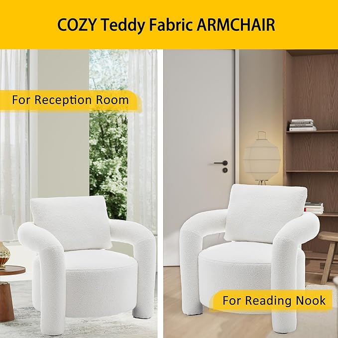 Modern Sherpa Boucle Accent ChairTeddy Upholstered ArmchairVanity Chair Single SofaCozy Fluffy Reading Chair for Living RoomVanityOfficeBedroomCorner(White)
