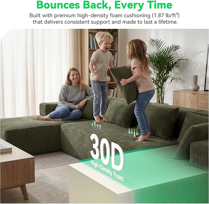 141 Modular Sectional Sofa 6-Seat U-Shaped Cloud Couch with 2 Removable Armrests &amp 6 Throw Pillows Boneless Couches for Living Room No Assembly Green | Convertible