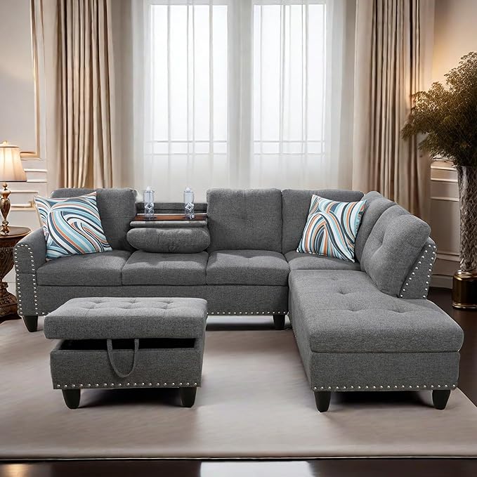 L Shaped Sectional Couch Ottoman Modern Nailhead Comfy Lounge Sofa with Reversible Cup Holder &amp Chaise 97 4 Seat Modular Sofá for Living Room Apartment Grey