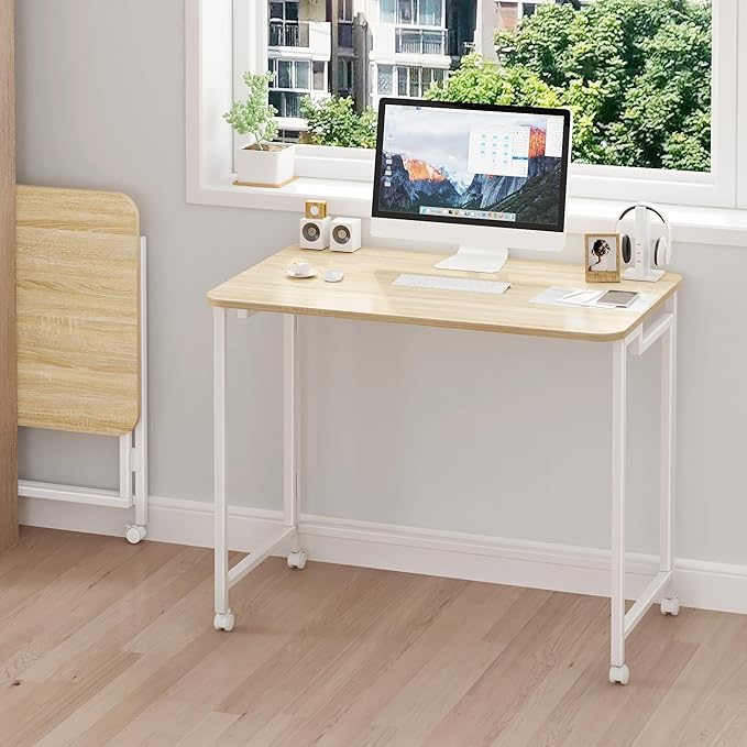 JSB Small Folding Computer Desk with Storage Bag and Hook Writing Modern Industrial Work Table Laptop for Home Office White (Natural &amp White 27.6)