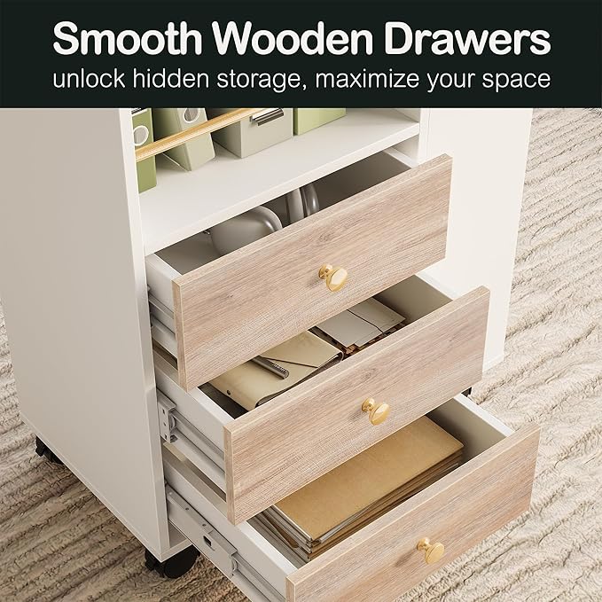 3 Drawer Mobile File Cabinet Wood Rolling Filing Cabinet with Lockable Wheels Utility Cart with Open Storage Shelves Home Office Fits A4/Legal 19.7 x 11.8 x 26.3 Light Walnut