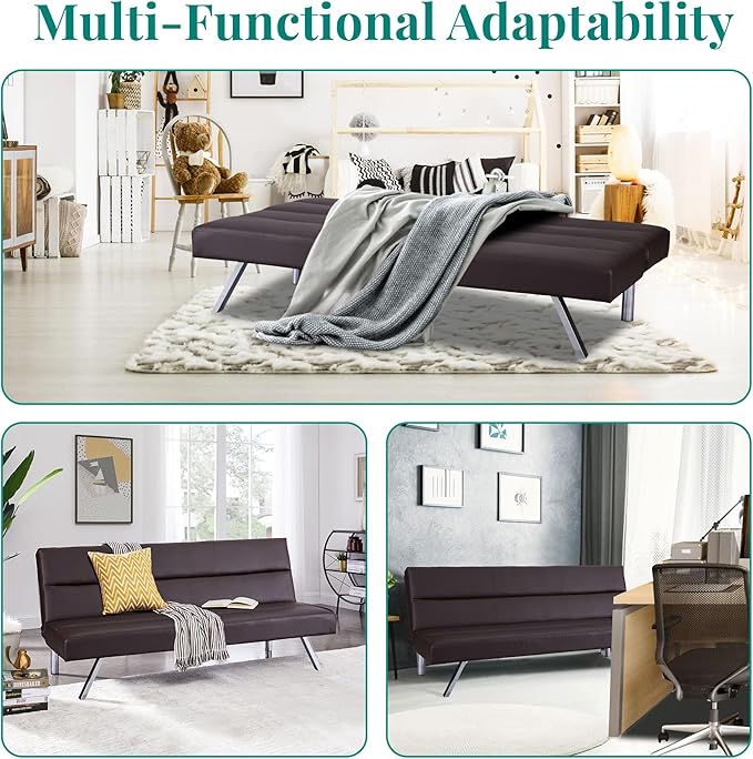 Naomi Home Futon Sofa Bed Faux Leather Futon Couch Modern Convertible Folding Sofa Bed Couch with Chrome Legs Reclining Mini Leather Small for Bedroom Living Room Espresso