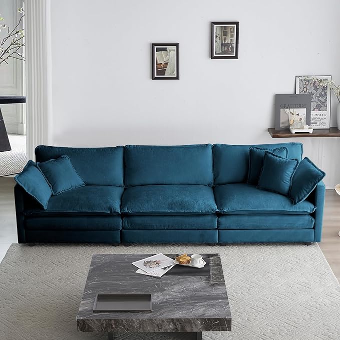 KIVENJAJA Chenille Modular Sectional Couch Modern 3 Seater Comfy Deep Seat Cloud Sofa with 5 Pillows for Living Room Bedroom Office Apartment 111.5”W Blue