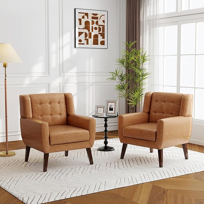 Accent Chairs Set of 2 Modern Faux Leather Armchairs for Living Room Comfy Upholstered Arm Chairs Tufted for Indoor Bedroom Office Room (P Brown)