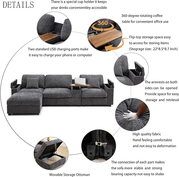 Oversized L-Shaped Modular Sectional Sofa with Storage Armrest Reversible Couch with Movable Ottoman USB Ports Cup Holders 360°Swivel Tray Comfy Cloud Cushions for Living Room or Apartment Gray