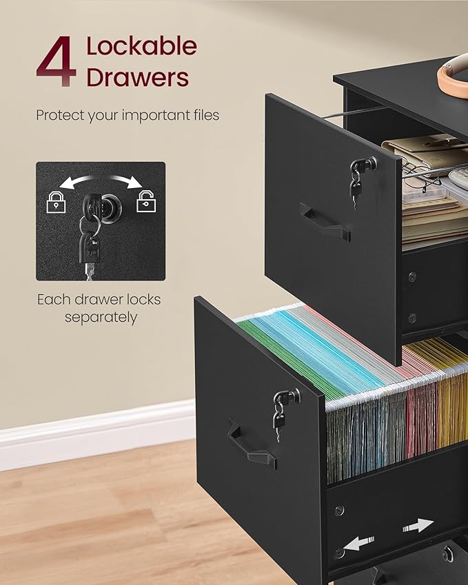 VASAGLE 4-Drawer Vertical File Cabinet Filing Cabinet for Home Office Printer Stand with 4 Lockable Drawers Adjustable Hanging Rail for A4 and Letter-Size Files Ink Black UOFC082B01