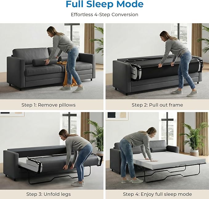 Mjkone Faux Leather Pull Out Sofa Bed 73 2-in-1 Loveseat Couch Bed with Memory Form Mattress Full Size Convertible Sleeper Sofa Couch for Living Room Office Apartment and Small Space Grey