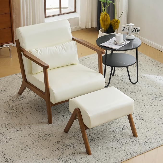 MOJAY Modern Accent Chair with Ottoman PU Leather Upholstered Armchair Living Room Chair for Bedroom Balcony Reception