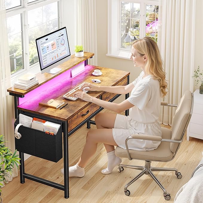 Gaming Desk with LED Lights &amp 2 Fabric Drawers 39.4Inch Home Office Computer Desk with Side Pocket &amp Ergonomic Monitor Stand Small Space Study Writing Table with Anti-Tip Design Rustic Brow