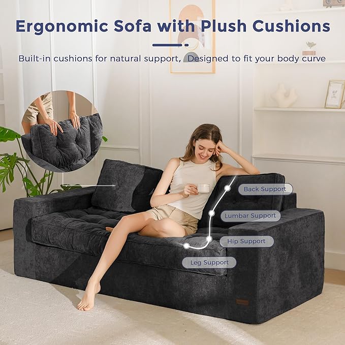 MAXYOYO Boneless Sofa Couch 75 Oversized Loveseat Sofa Tufted Floor Couch Bean Bag Chair for Living Room Bedroom Apartment Sofa in a Box No Assembly Needed Black