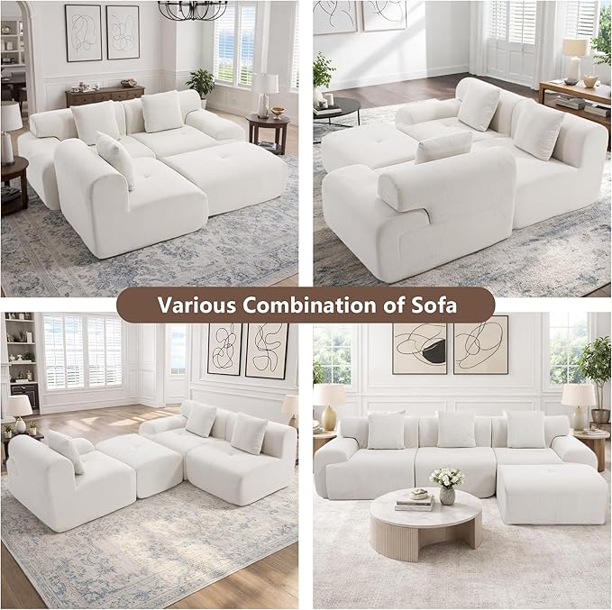 L-Shaped Boneless Modular Sectional Sofa Boneless Sectional Couch Oversized 3-Seater Cloud Couch with Deep Seat and Movable Ottoman for Living Room Apartment (Beige 3 Seater with 1 Ottoman)