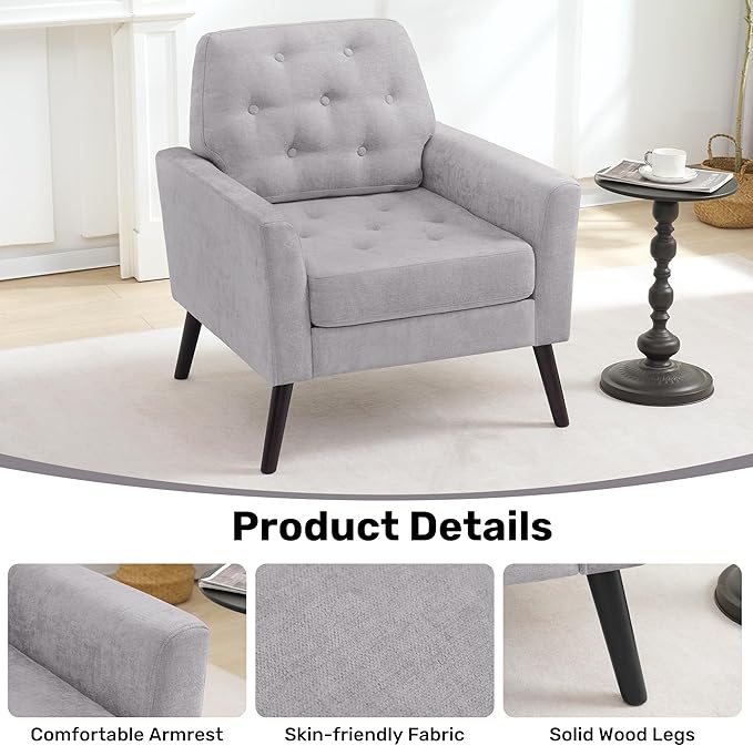 Accent Chair Set of 2 Mid Century Modern Living Room Chairs Upholstered Armchair with Tufted Back &amp Wood Legs Single Sofa Reading Side Chair for Bedroom Office Waiting Room Light Grey