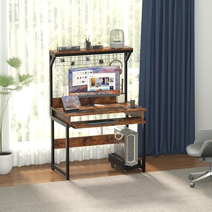 Gaming Computer Desk with Storage Shelves &amp Keyboard Tray 31.5 inch Desk for Small Spaces Home Office Desk with Host Rack for Living Room Study Room (Brown)