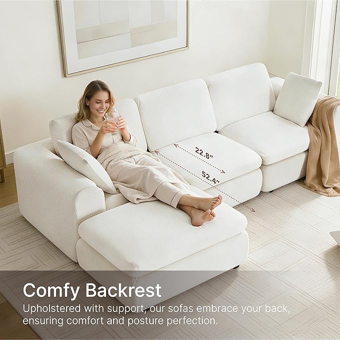 108 Boneless Cloud Couch Sectional No Assembly Required Modular Sofa with Deep Seat for Living Room L Shaped Couch with Ottoman Snowflake Fabric and Memory Sponge White