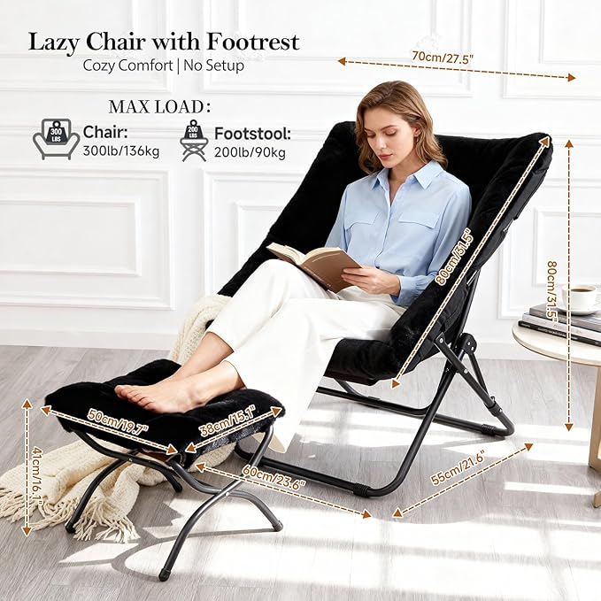 Oversized Folding Faux Fur Chair with Ottoman X-Large Soft Saucer Chair Foldable Metal Frame for Bedroom Living Room Balcony (Black)